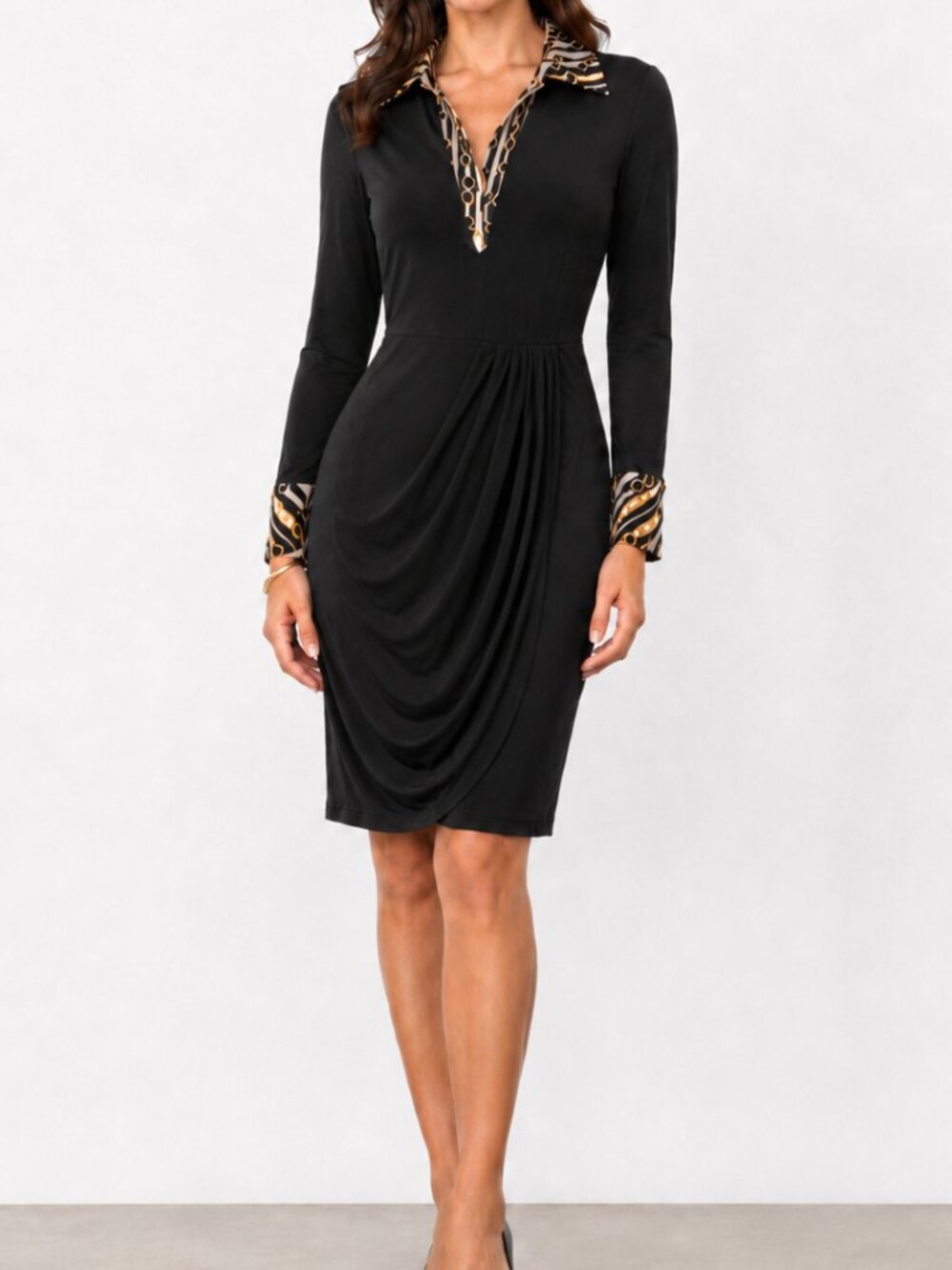 Cache Black Ruched Dress Size 4 Chain Print Collar Long Sleeve
